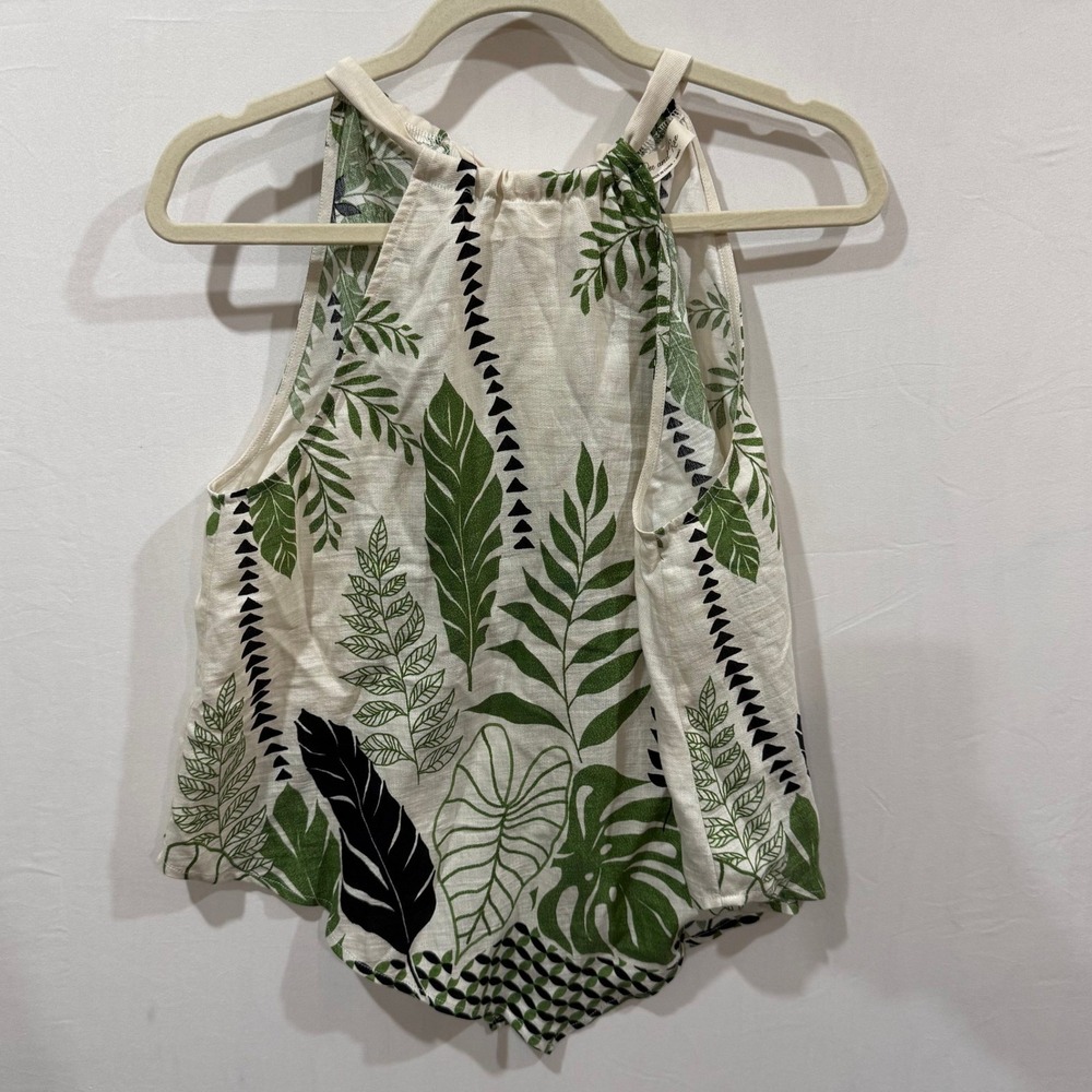 Doe and Rae Tropical Leaf Print Halter Neck Tie Back Top Green Cream Small